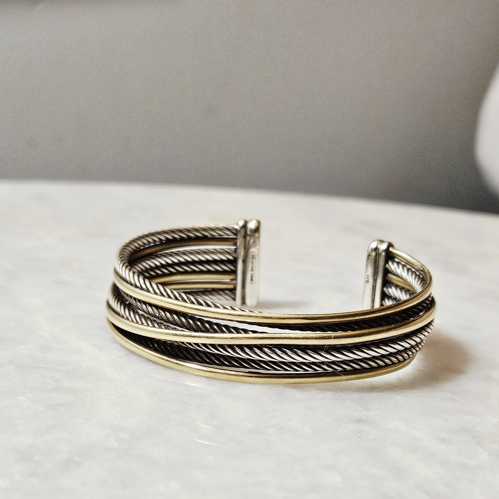 David Yurman Silver and Gold Cuff Bracelet with Twisted Rope Design